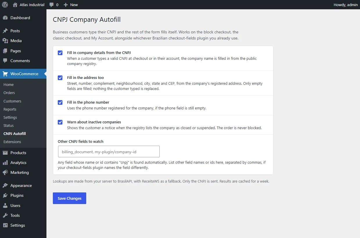 CNPJ Company Autofill settings under WooCommerce in WordPress