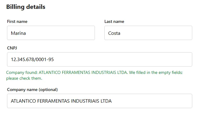 CNPJ lookup on checkout: company found and the empty fields filled in