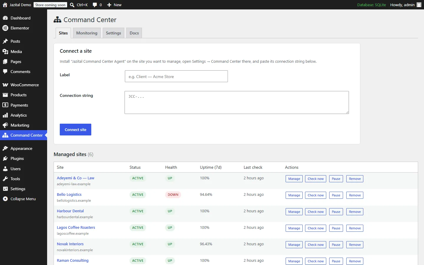 Dashboard to manage multiple WordPress sites, with status, health and uptime