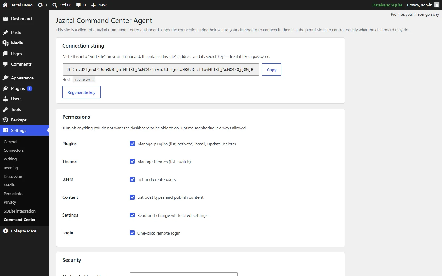 Client site connector with connection string and permission switches