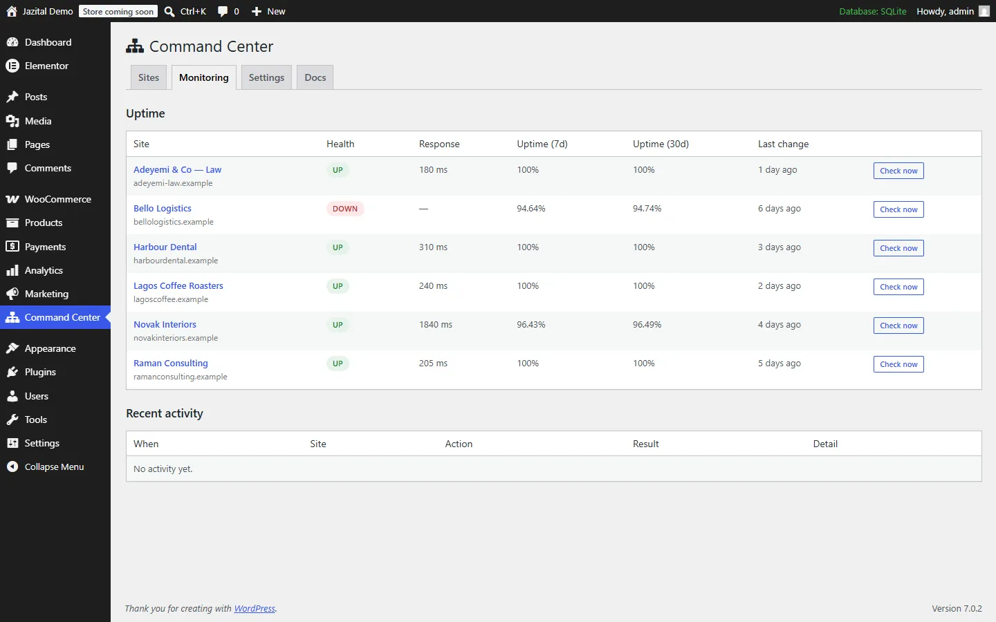 WordPress uptime monitoring table with response times and 30-day uptime