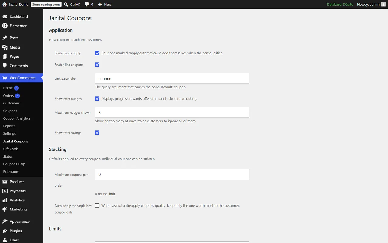 Jazital Coupons settings: auto-apply, link coupons, offer nudges and stacking
