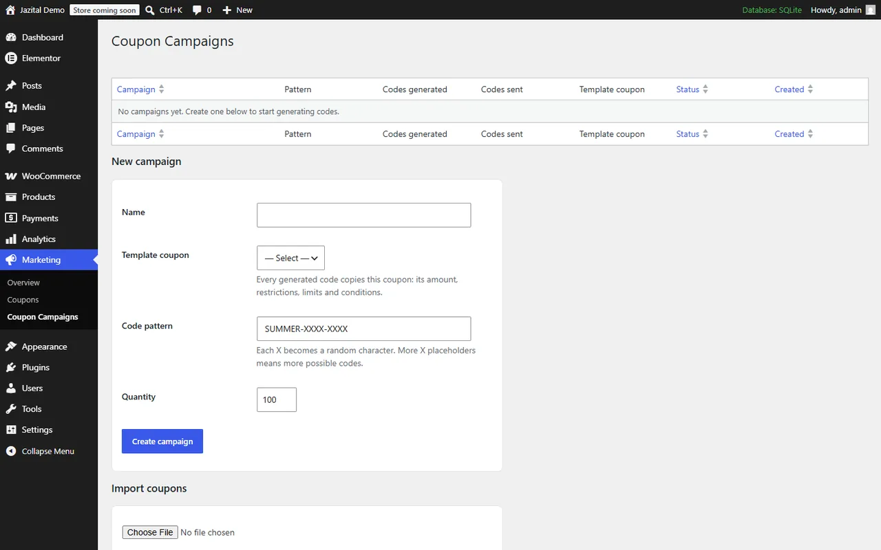 Coupon campaigns screen with a code pattern and quantity