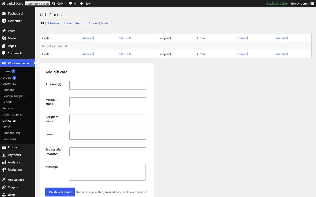 Gift cards admin screen with the add gift card form