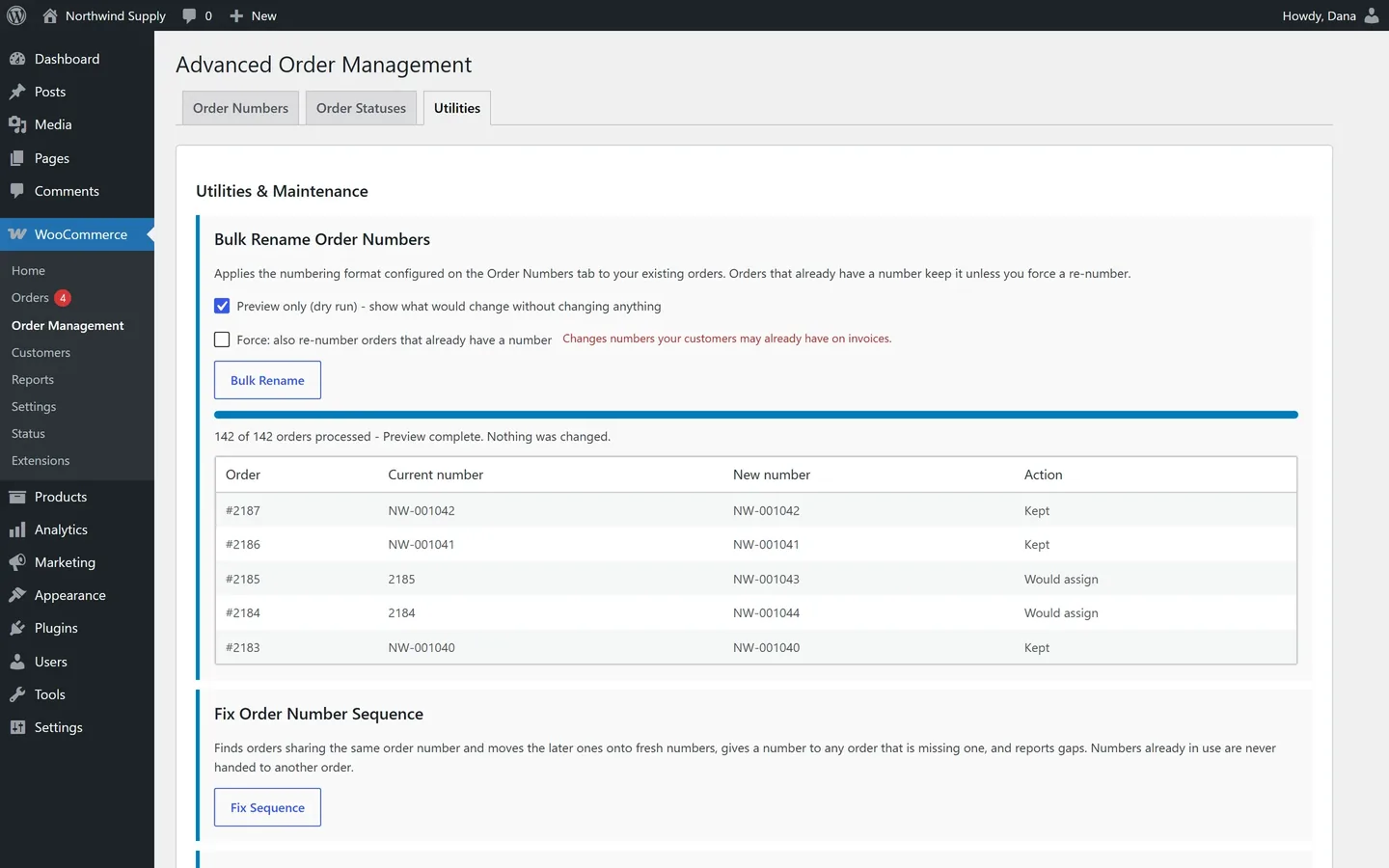 Bulk rename preview showing current and new order numbers