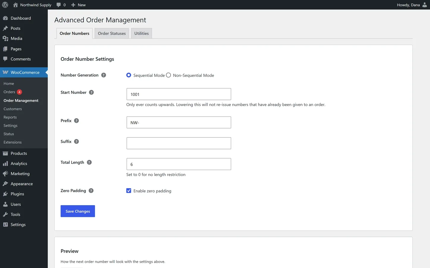 WooCommerce custom order numbers: settings with a prefix, start number and zero padding