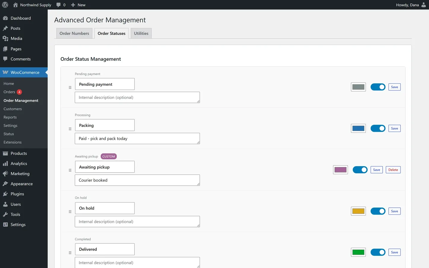 Order statuses with custom labels, colours and a custom status