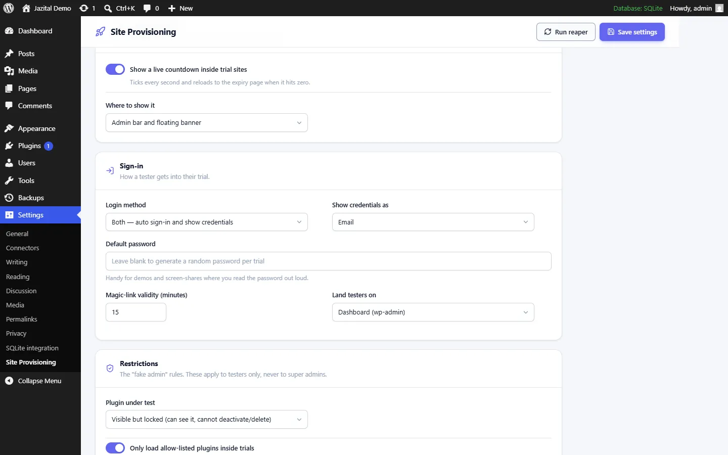 Sign-in and restriction settings for plugin trial sites