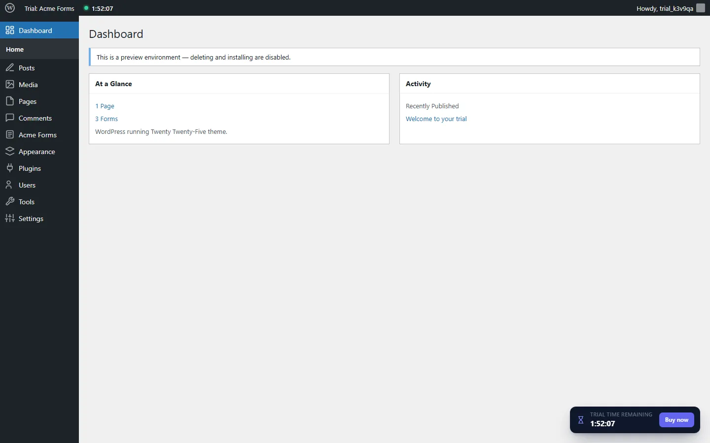 Trial site dashboard with the countdown in the admin bar and a floating countdown banner