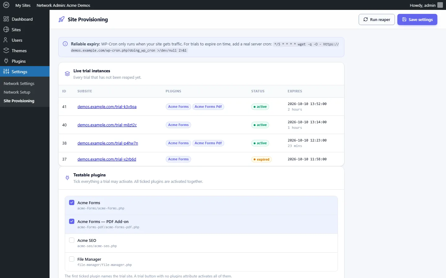 Site Provisioning screen listing live WordPress plugin demo sites and the plugins they may activate