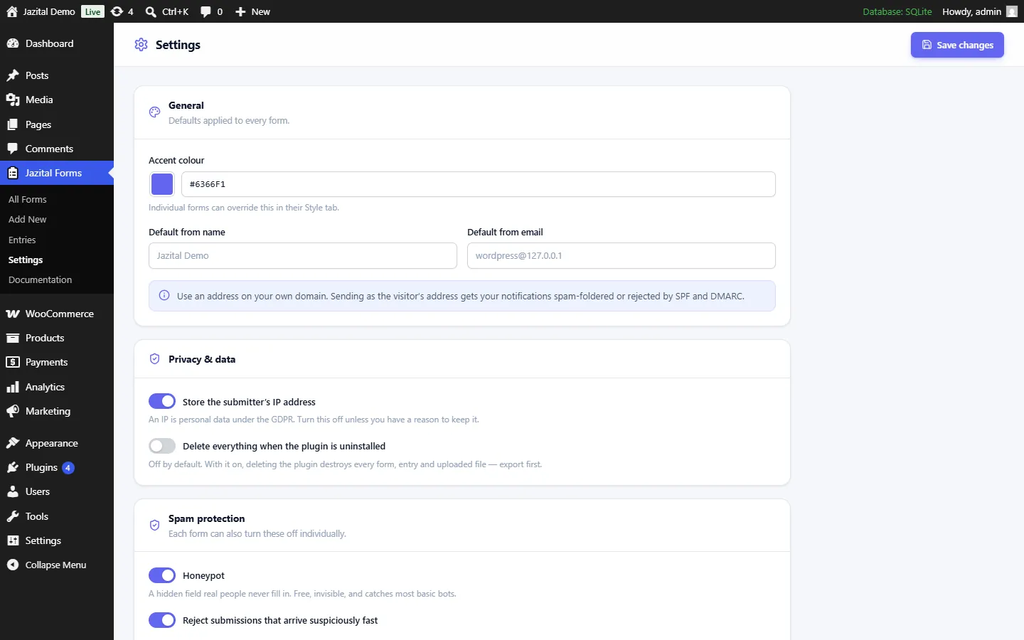 Form settings: privacy, spam protection and defaults
