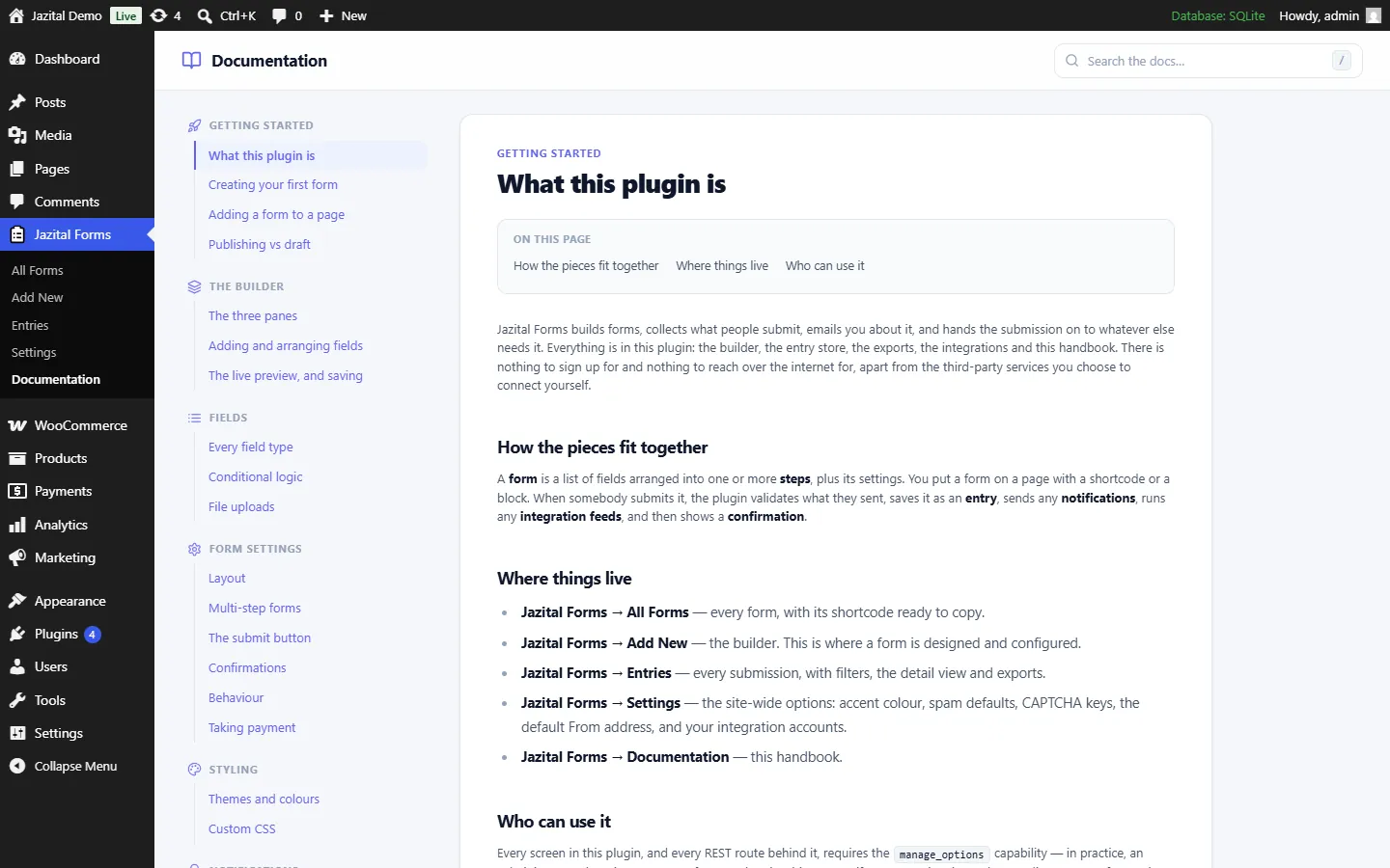 Built-in documentation inside wp-admin