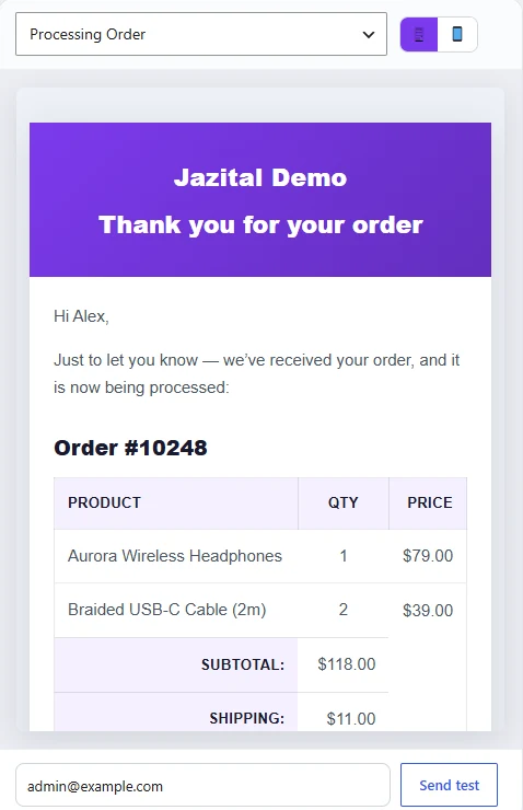 Live preview of a branded Processing Order email