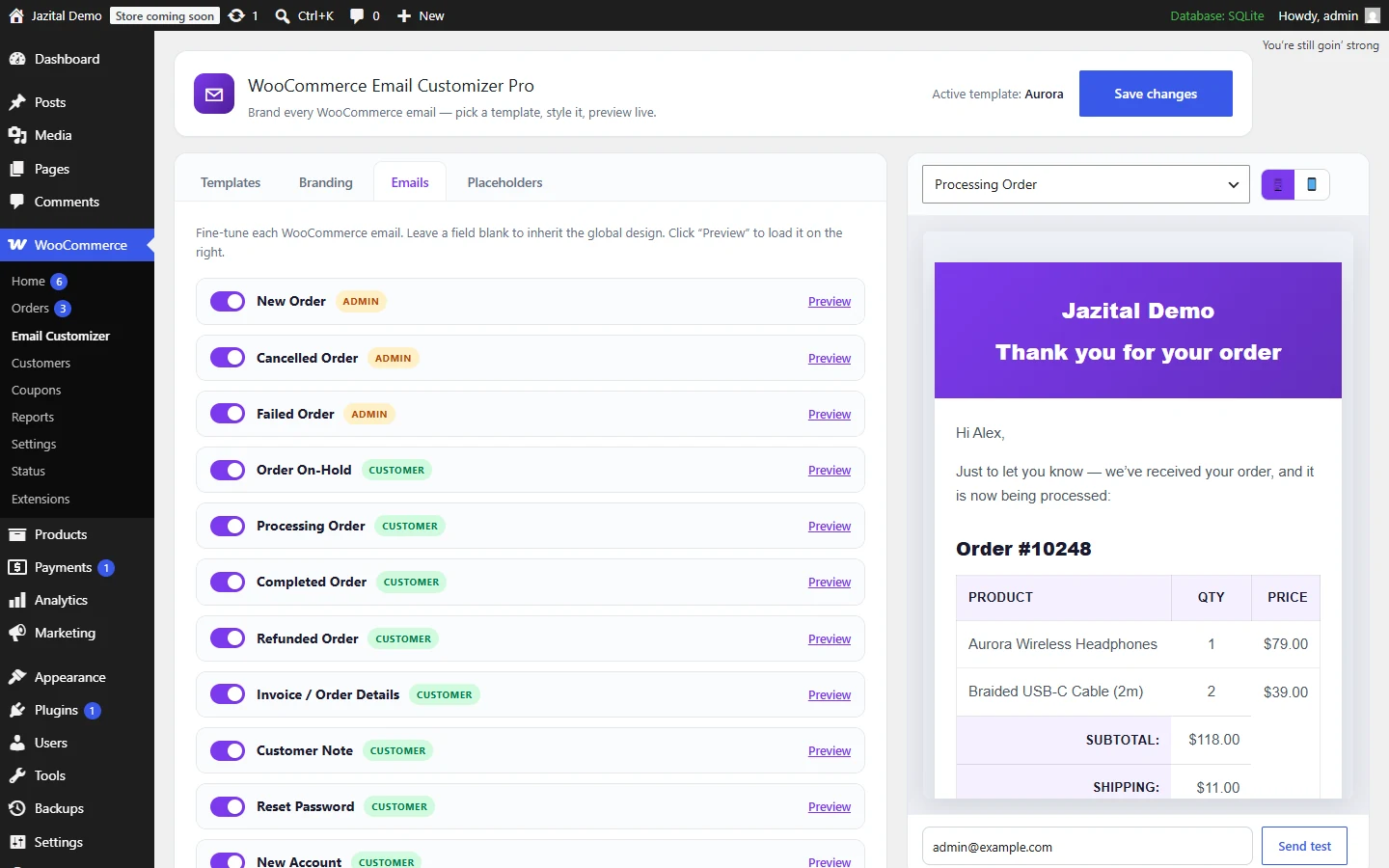 Per-email settings for all 11 WooCommerce emails