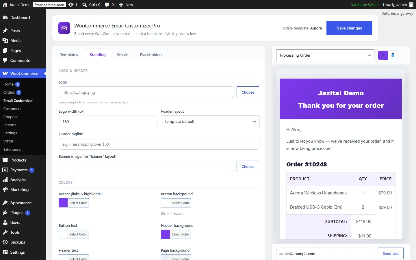 Branding settings: logo, header layout and colours