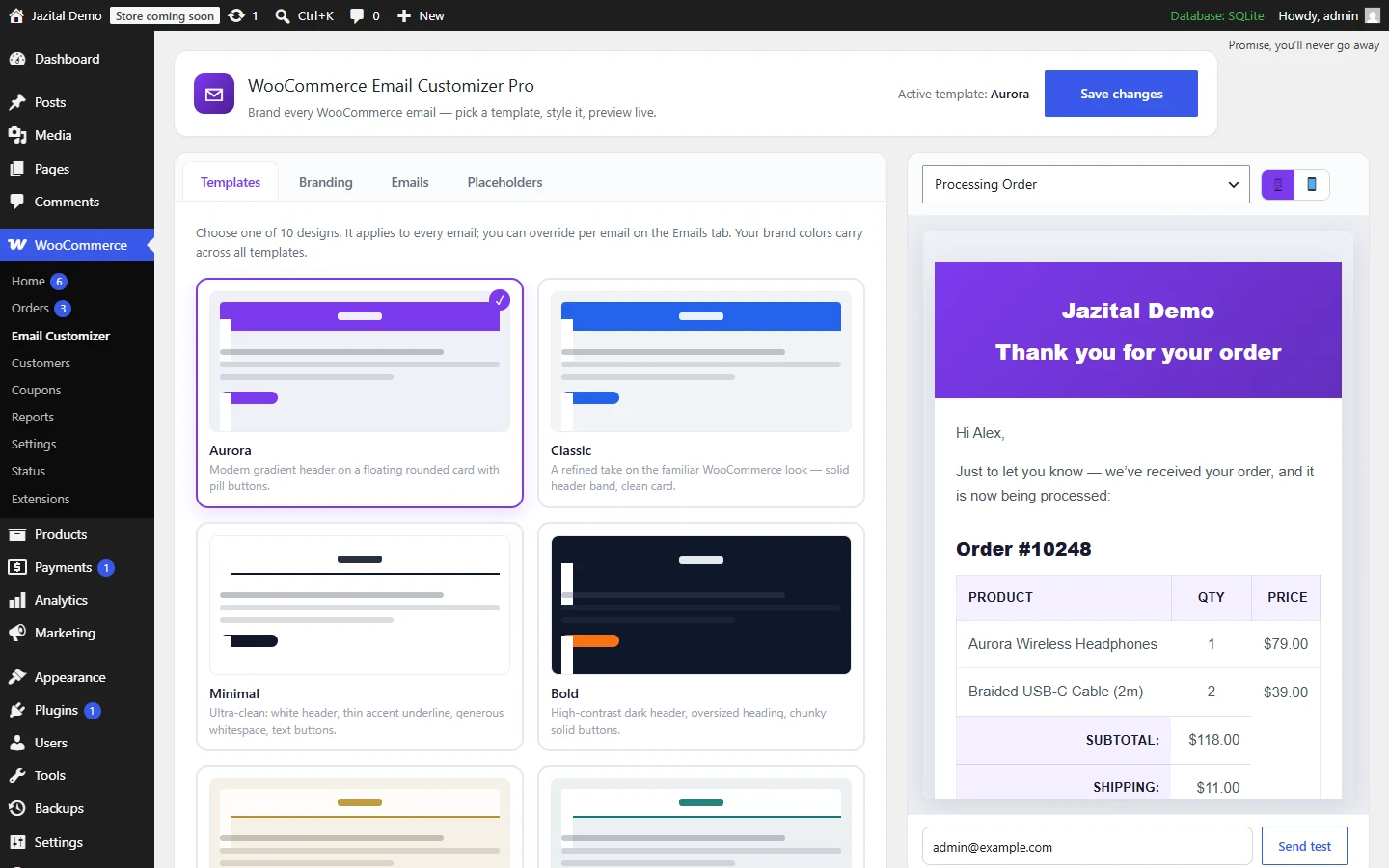 WooCommerce email customizer: template grid with a live email preview