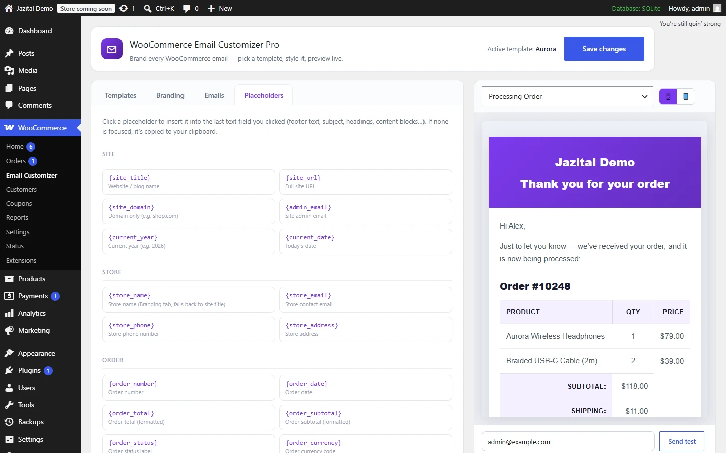 Placeholder reference grouped by site, store and order