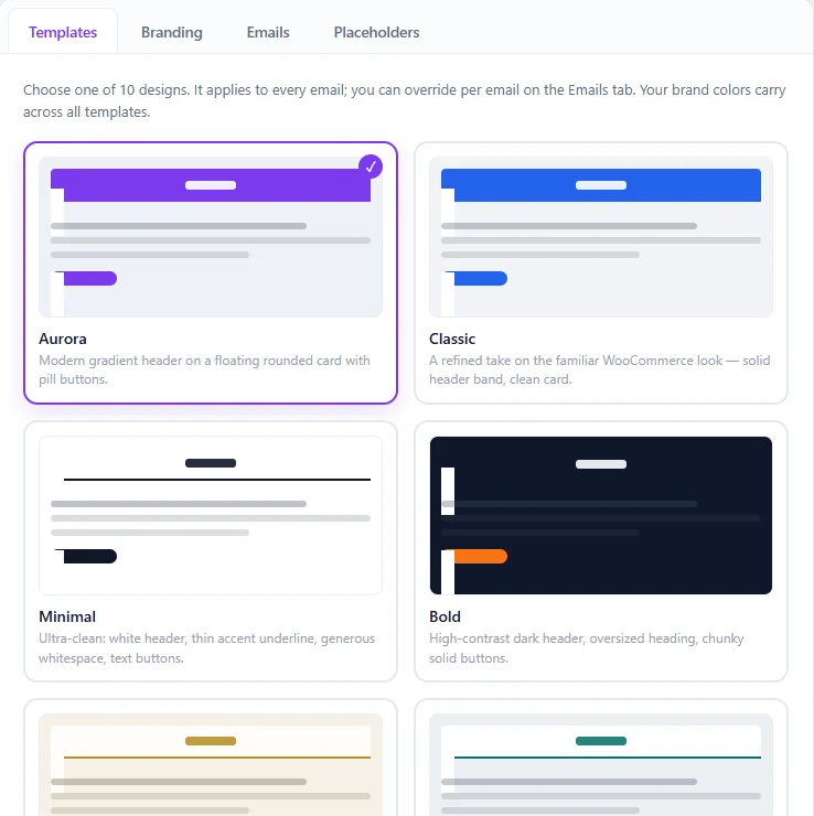 Template picker showing Aurora, Classic, Minimal and Bold