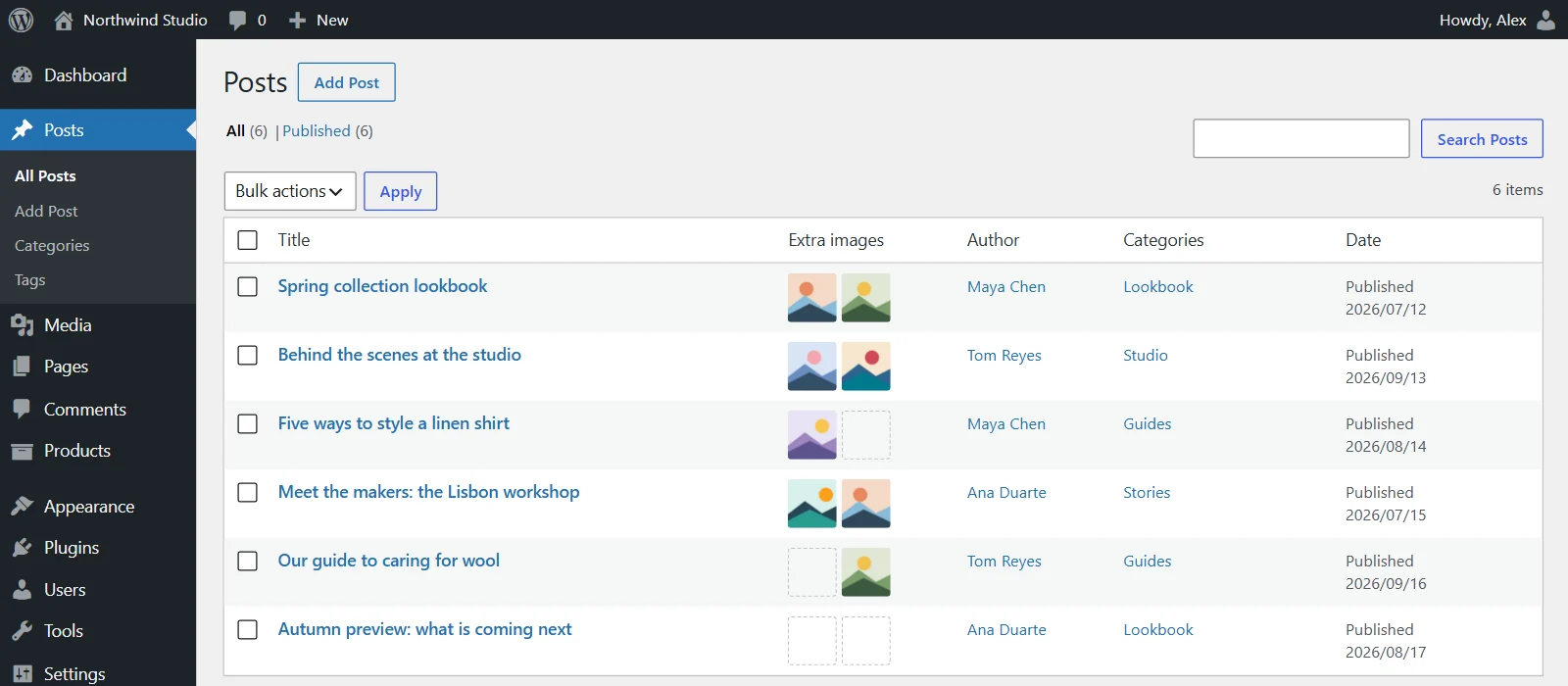 Posts list with an Extra images column showing each post's secondary featured images