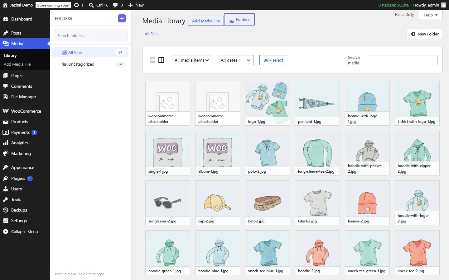 Media Library grid view with folders sidebar