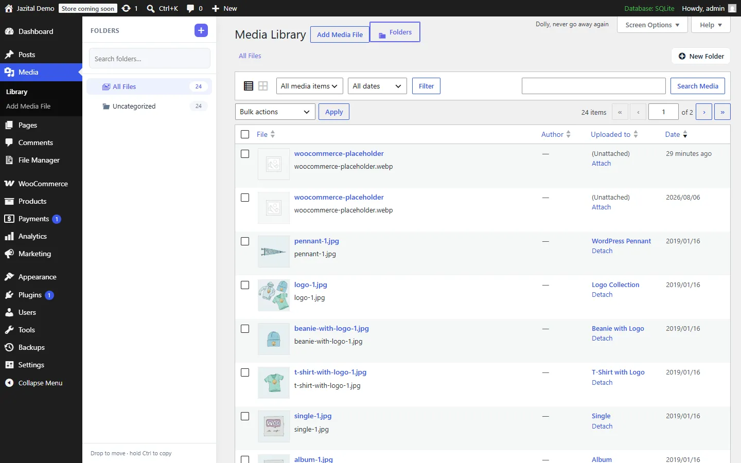 WordPress Media Library with a folder tree and file counts