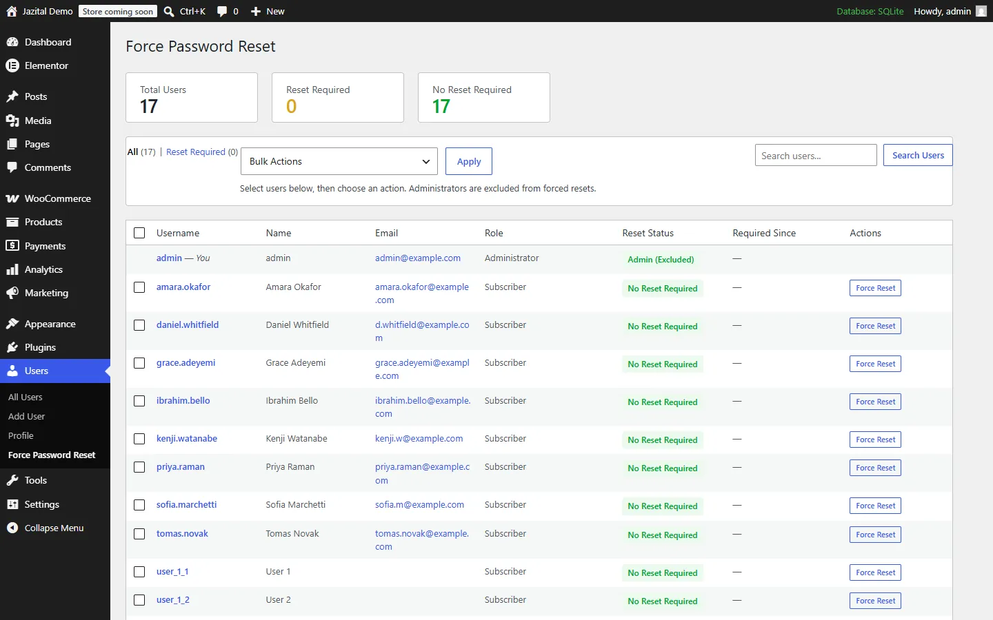Force password reset in WordPress: users list with reset status