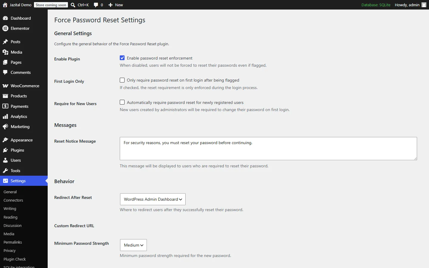 WordPress password policy settings with minimum strength