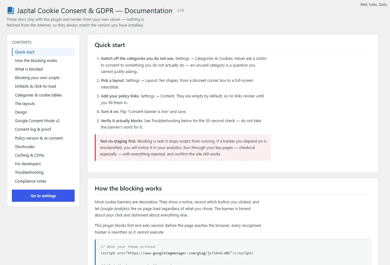 Cookie consent documentation inside wp-admin