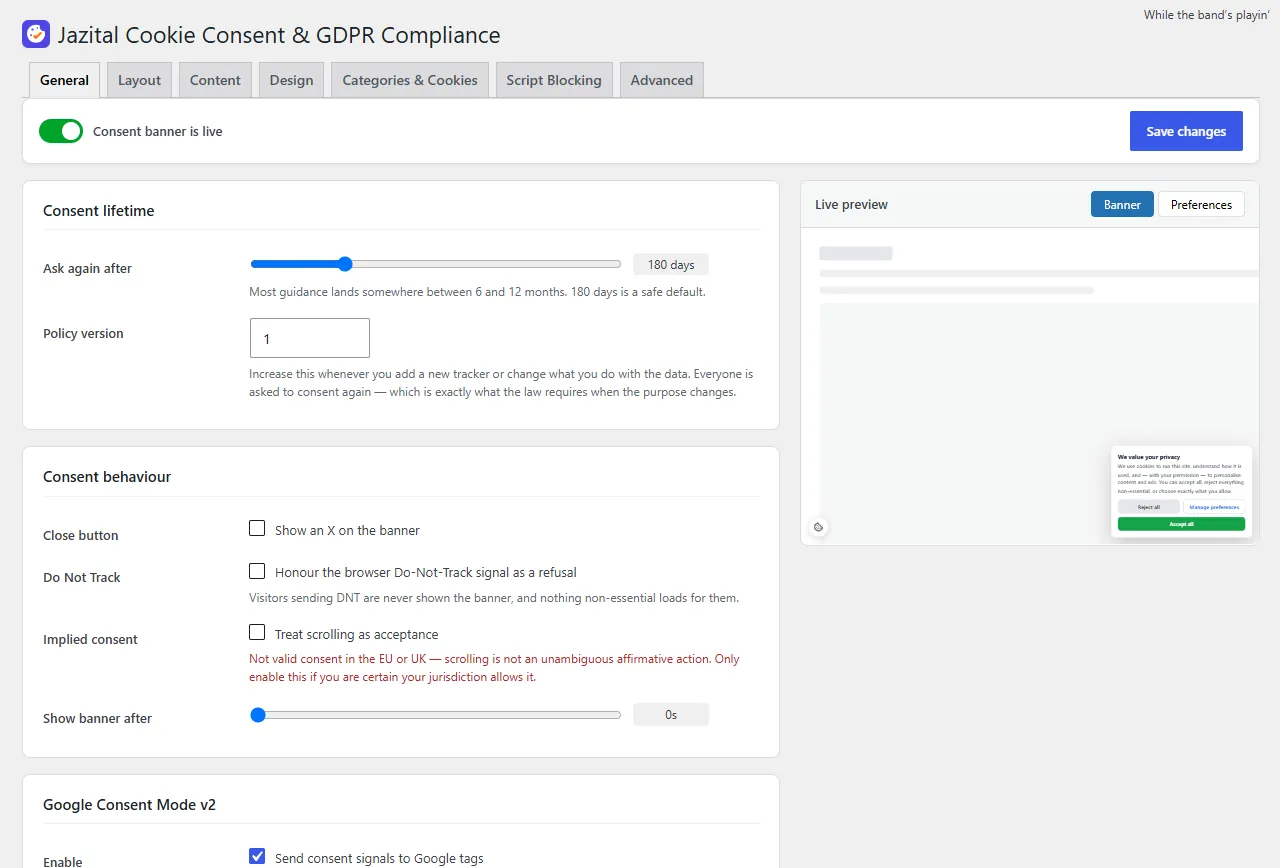 Cookie consent settings: consent lifetime, behaviour and Google Consent Mode v2