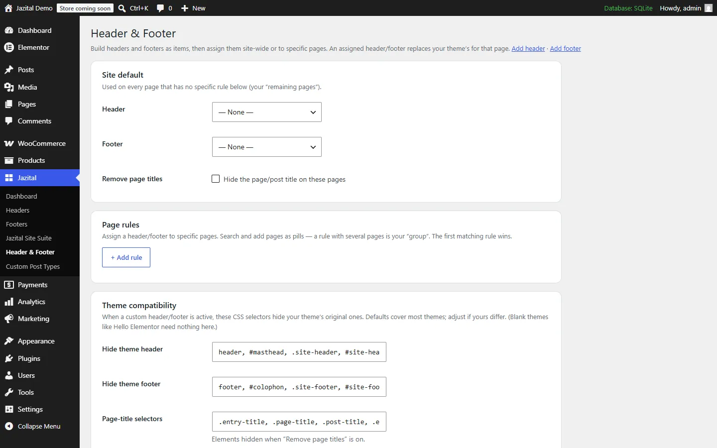 Header & Footer: site default, page rules and theme compatibility