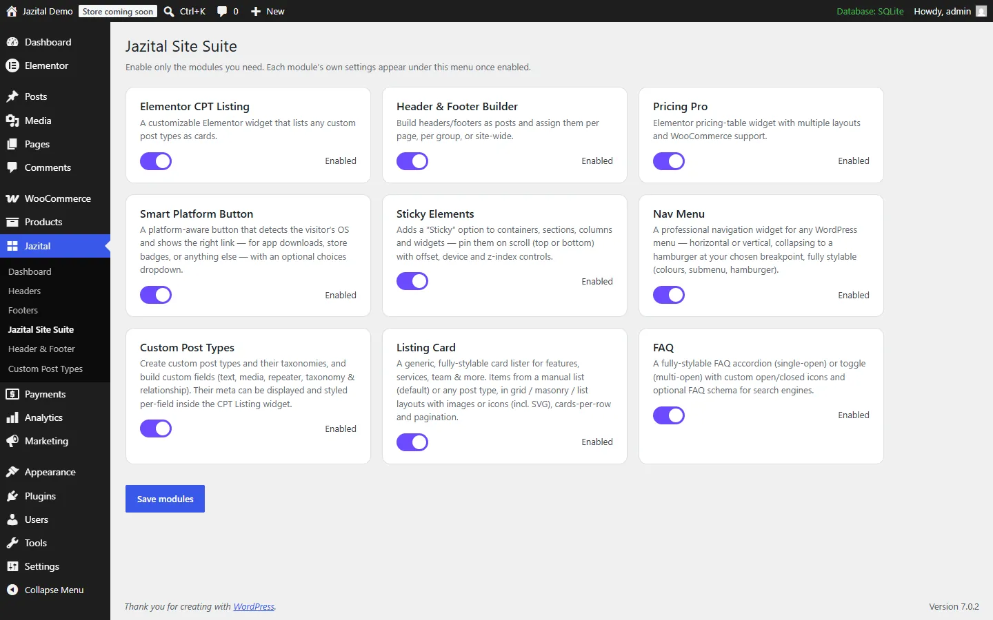 Elementor header footer builder modules, each with its own on/off switch