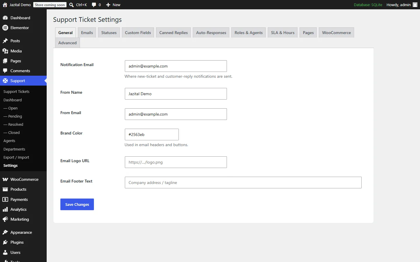 Helpdesk settings: branded email sender, colour and logo