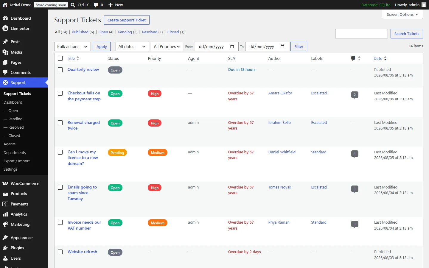 Support tickets with status, priority, agent and SLA