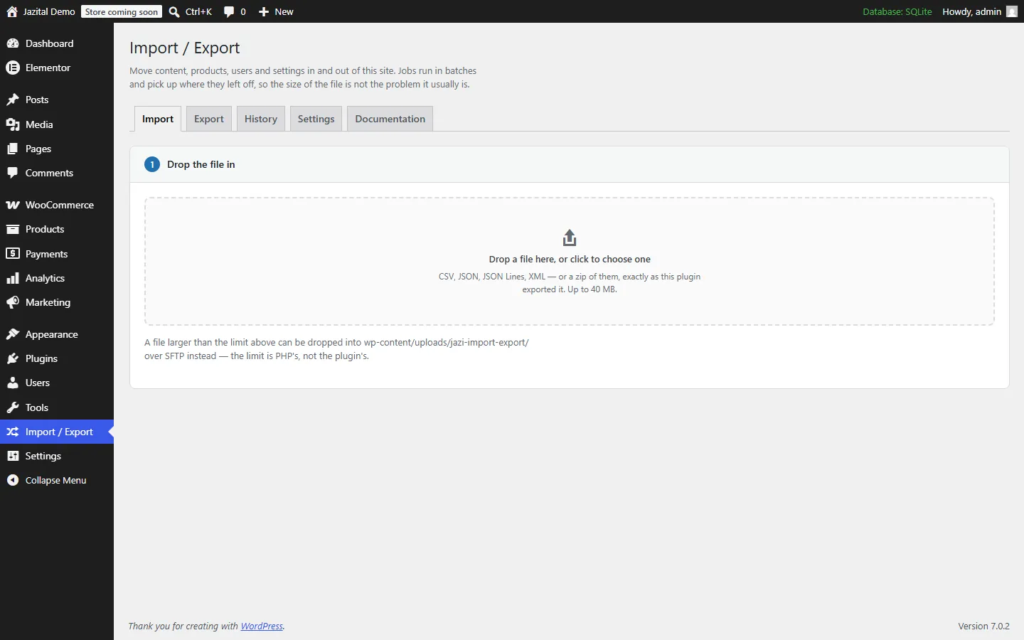 Import screen with a drop zone for CSV, JSON, JSON Lines, XML or ZIP files