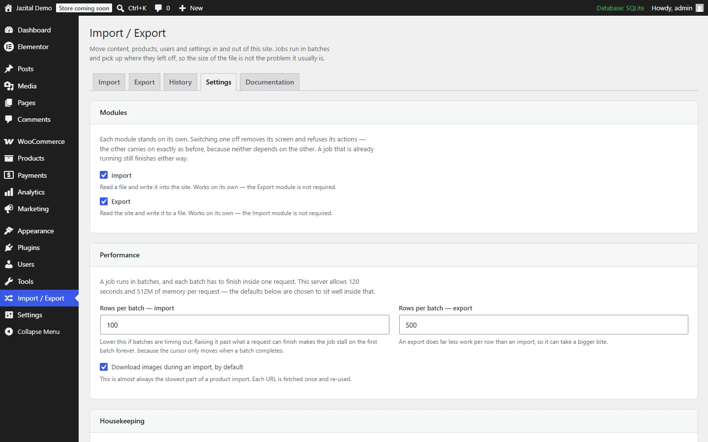 Settings screen with import and export modules and batch sizes