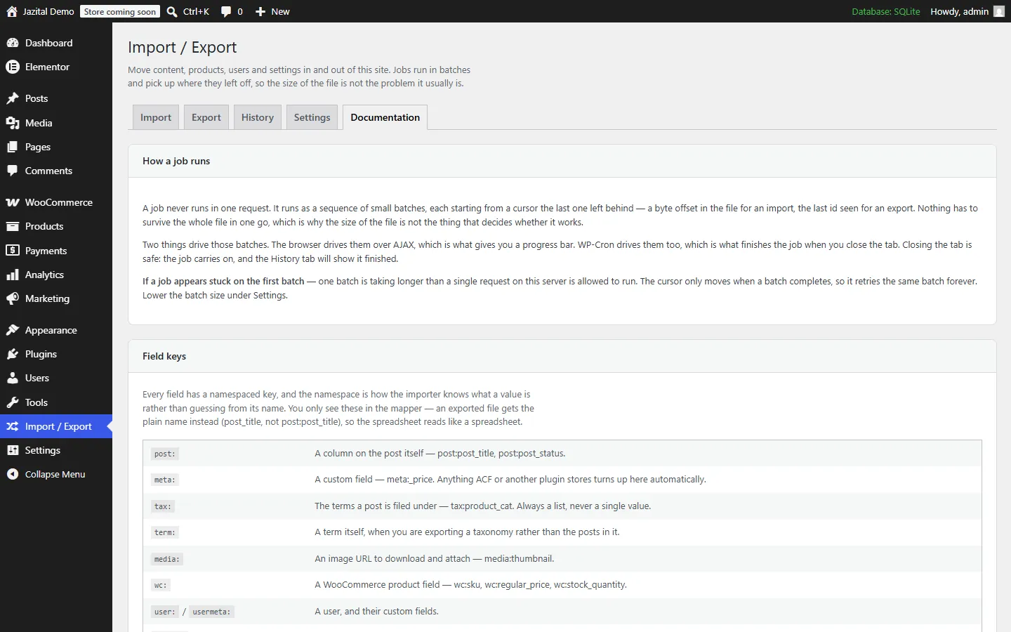 Documentation screen listing the field keys used in import and export files