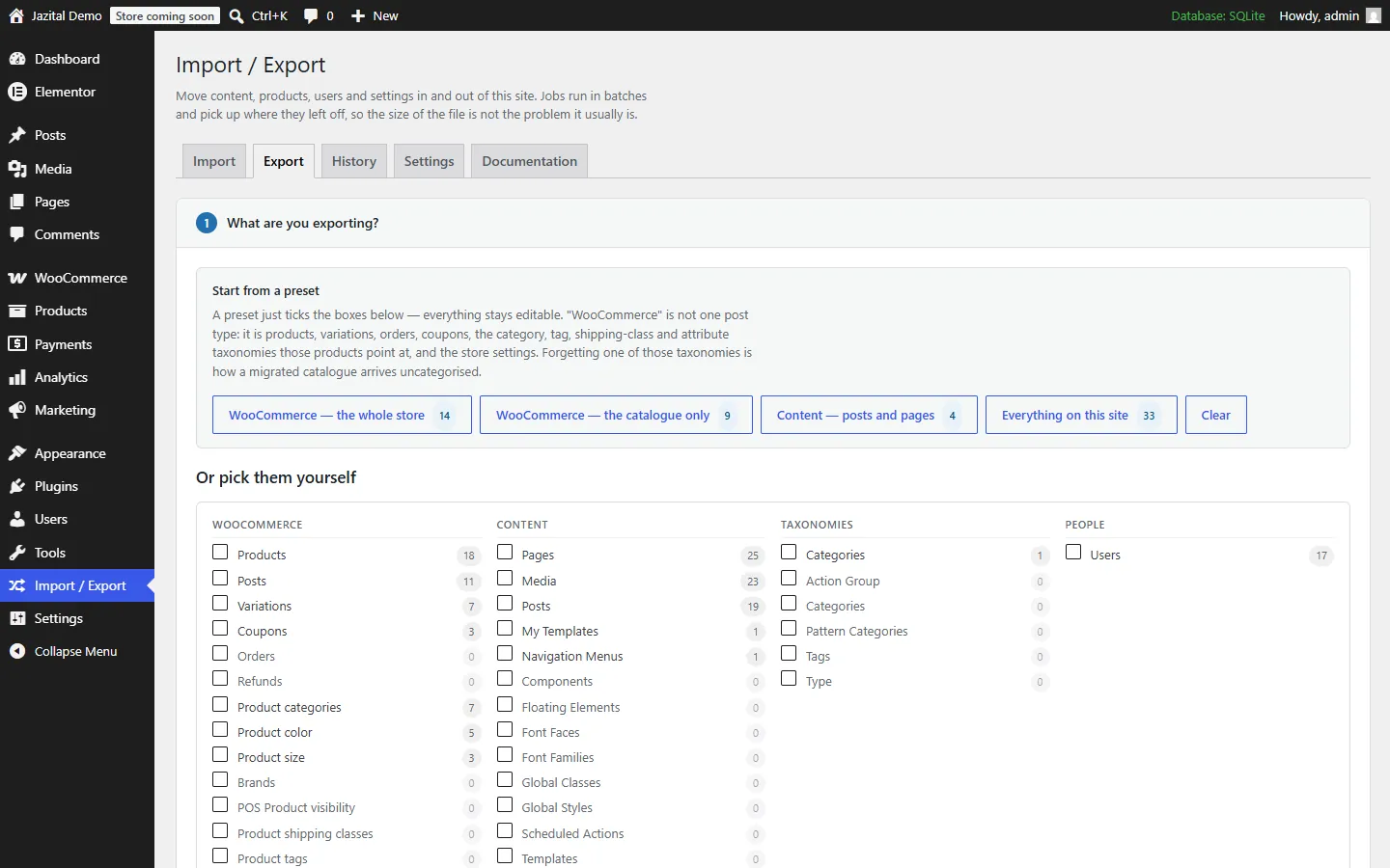 Export screen of the WordPress import export plugin with WooCommerce, content, taxonomy and user choices