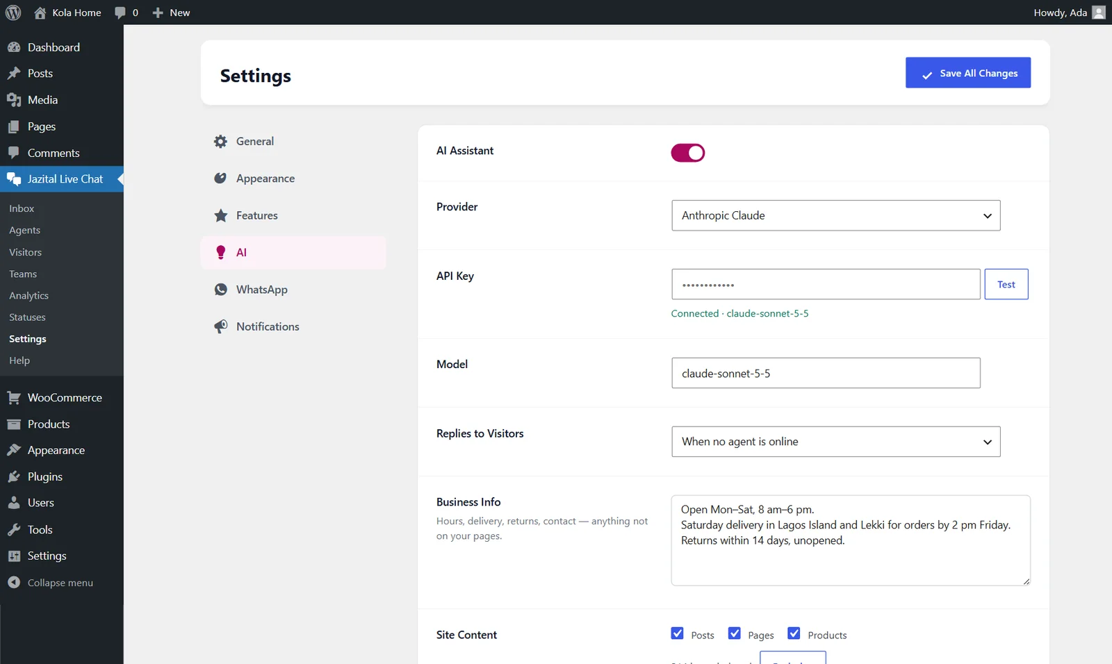 AI settings: provider, model, reply mode, business info and indexed site content