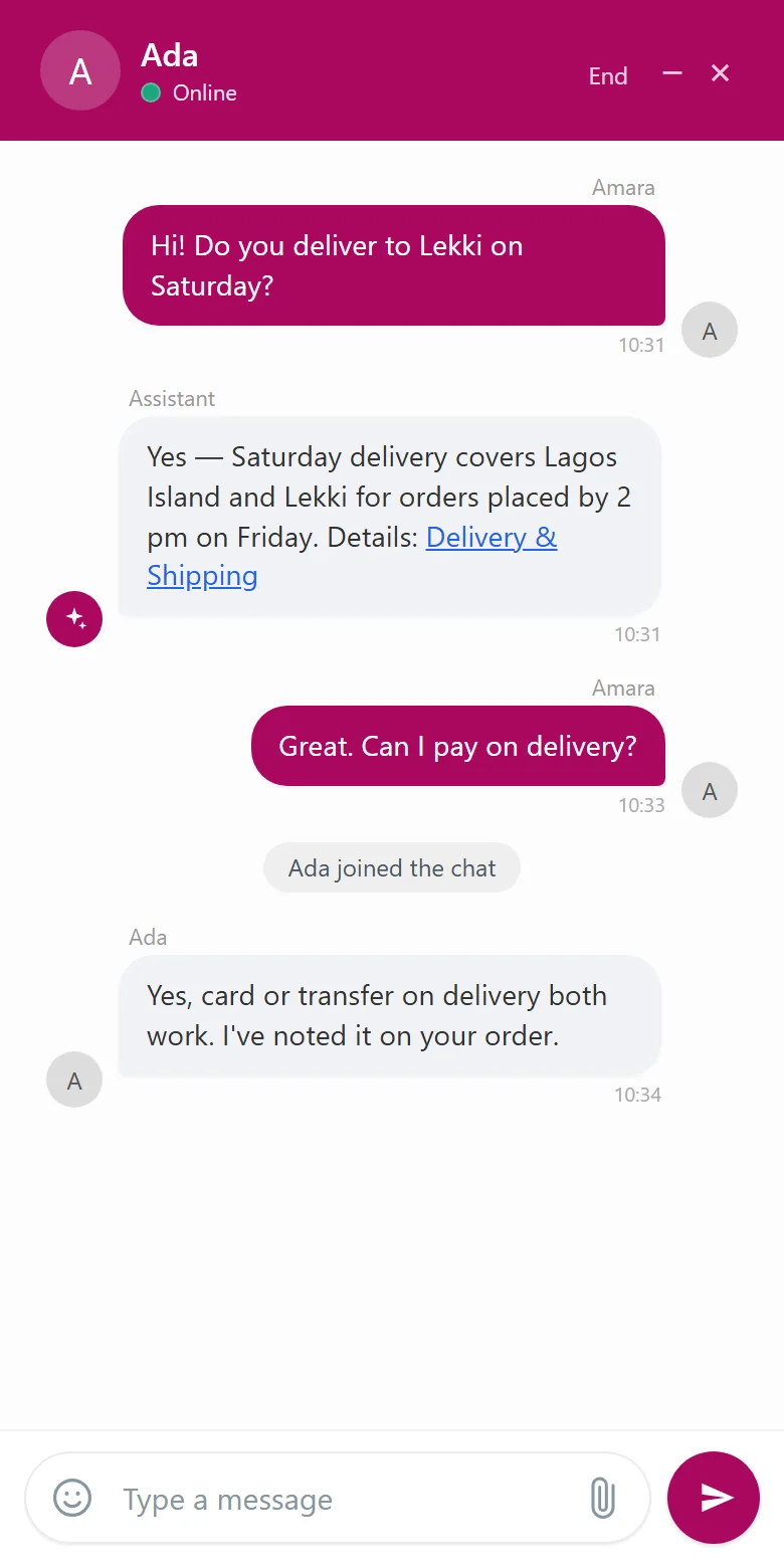 Chat widget in brand colours on a phone