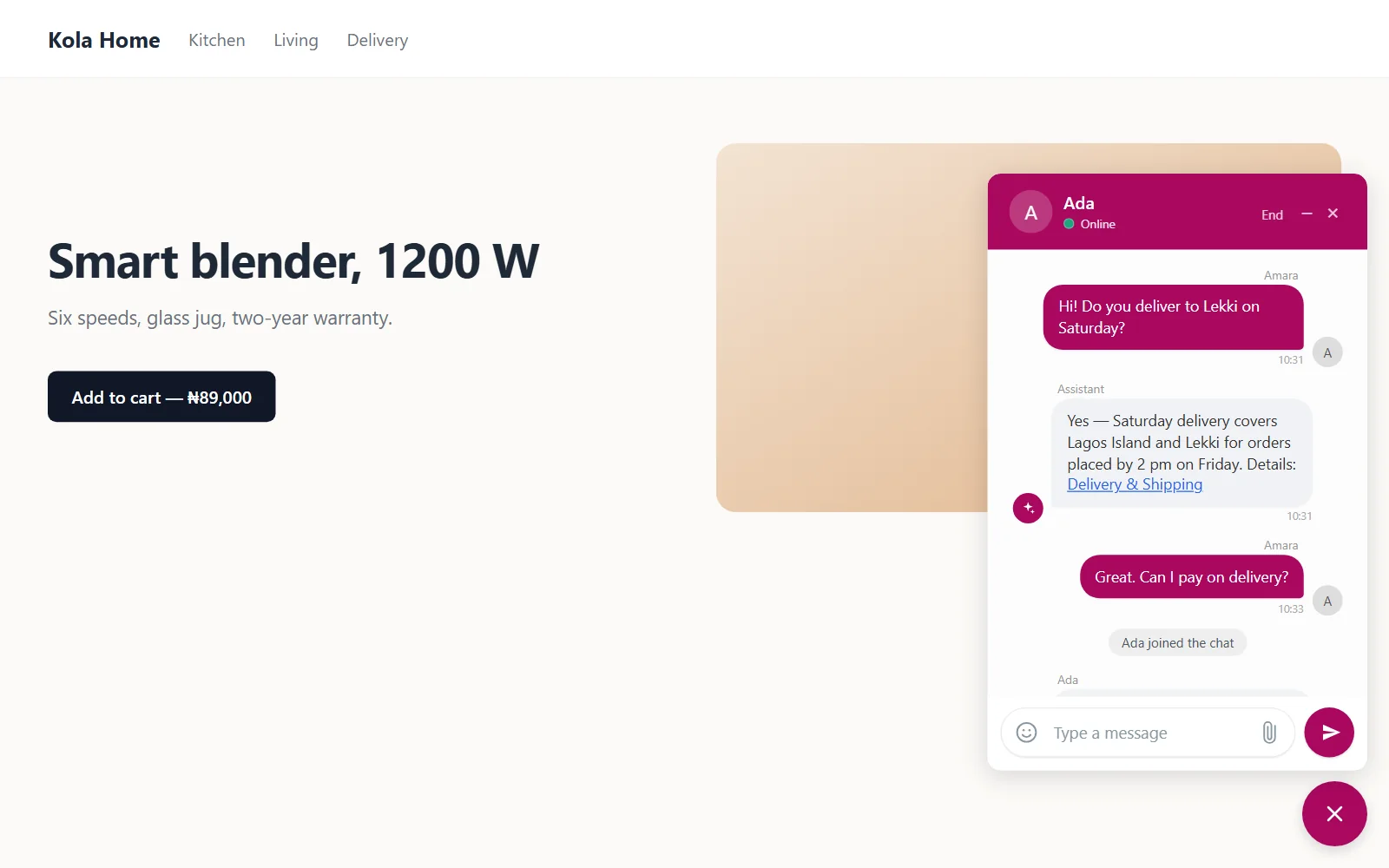 Website chat widget in brand colours on a store page