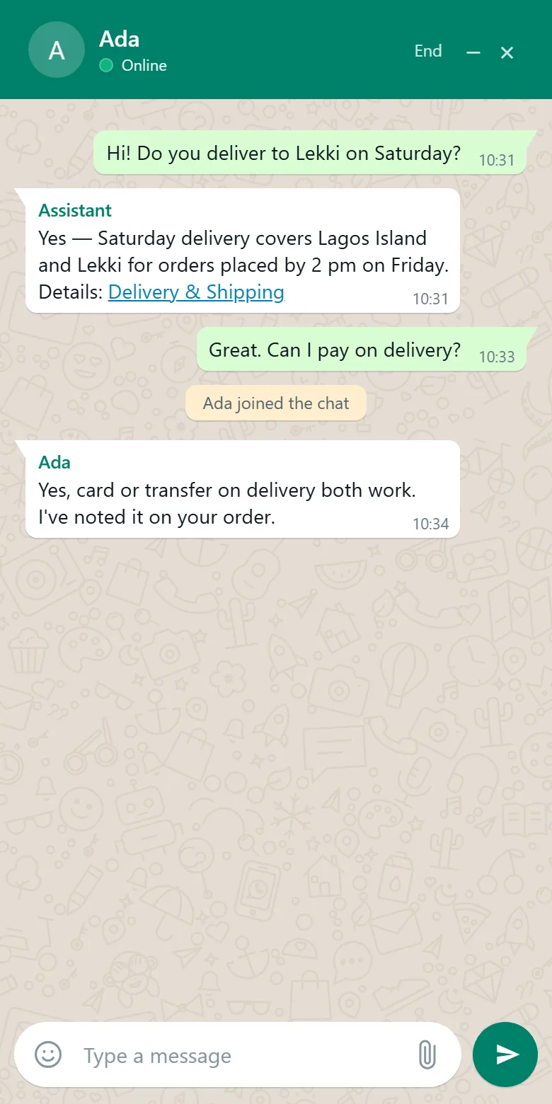 The chat widget in its WhatsApp look on a phone