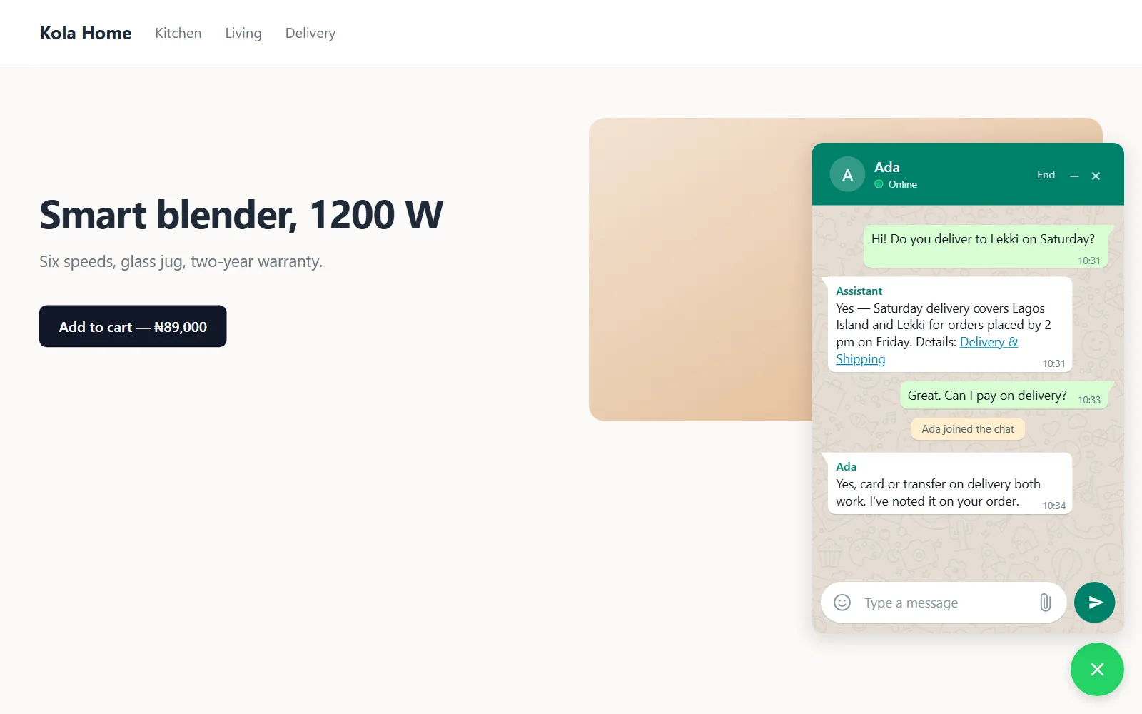 Website chat in the WhatsApp look on a store page