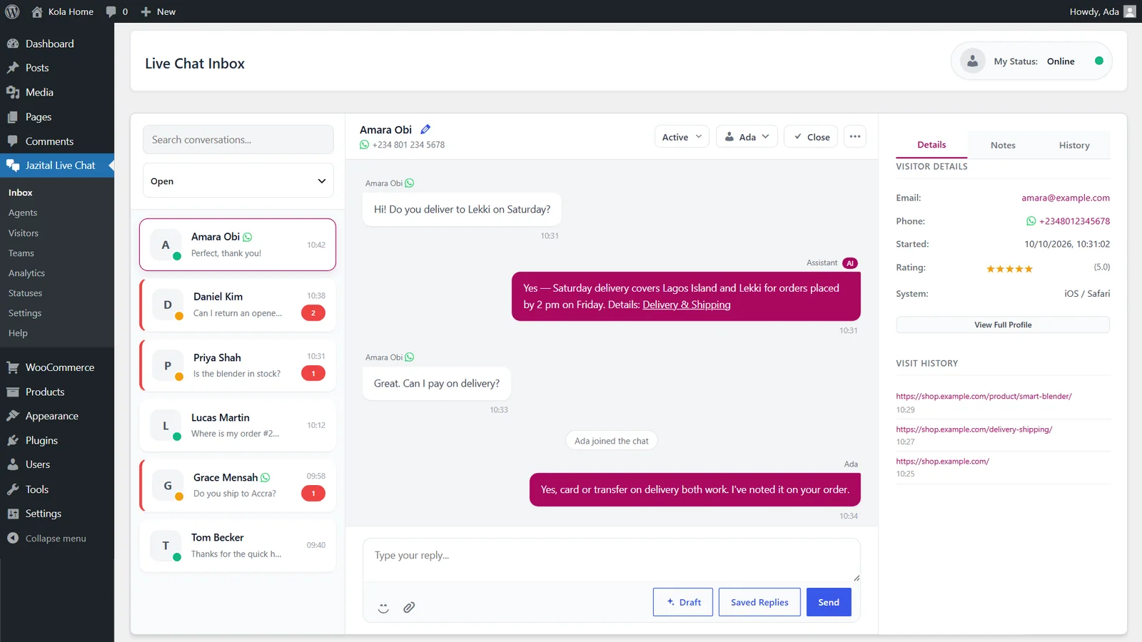 WordPress live chat plugin inbox with an AI reply and a WhatsApp customer