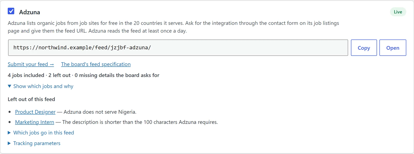 Adzuna job feed card: 4 jobs included, 2 left out with the reason for each