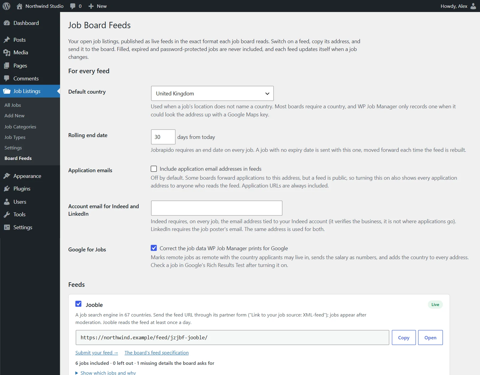 WP Job Manager XML feed settings: default country, rolling end date and a live Jooble feed address
