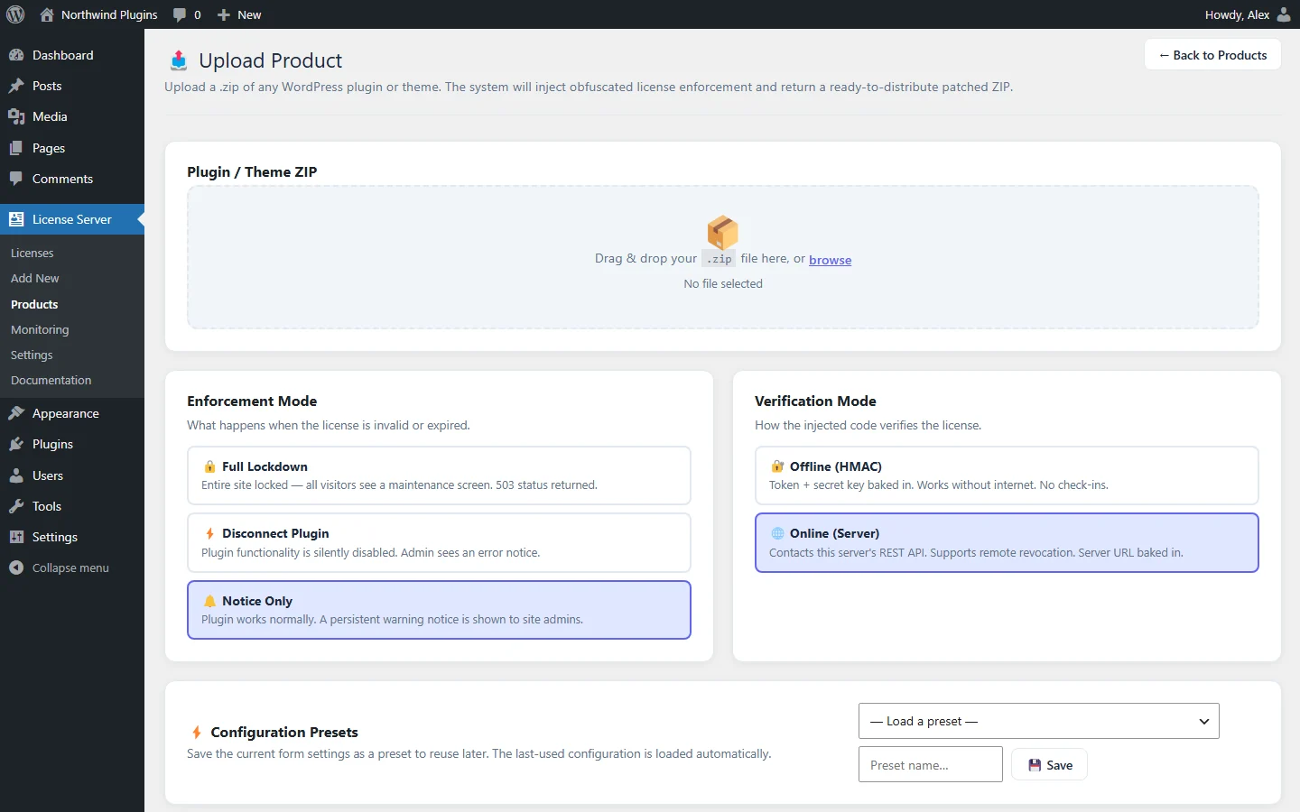 Upload a ZIP and choose the enforcement and verification mode