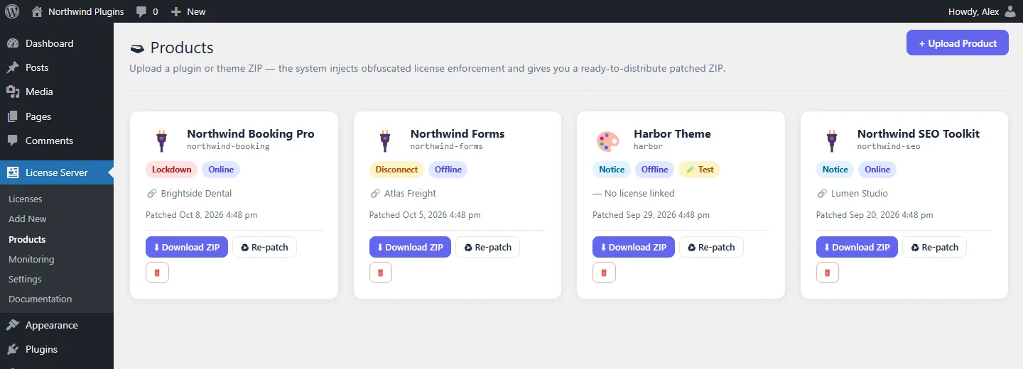 Patched products with their enforcement mode and linked licence