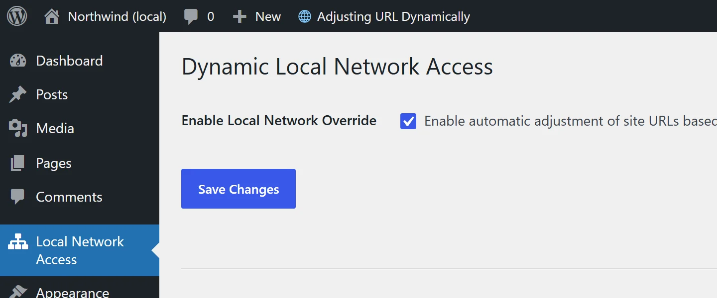 Admin bar showing “Adjusting URL Dynamically” while the override is on