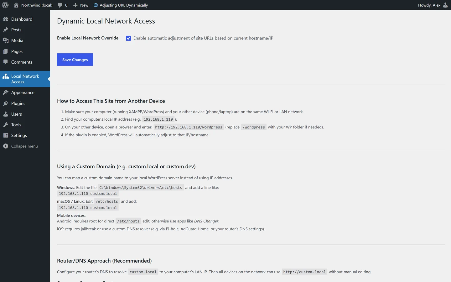 Settings screen to access a local WordPress site from another device