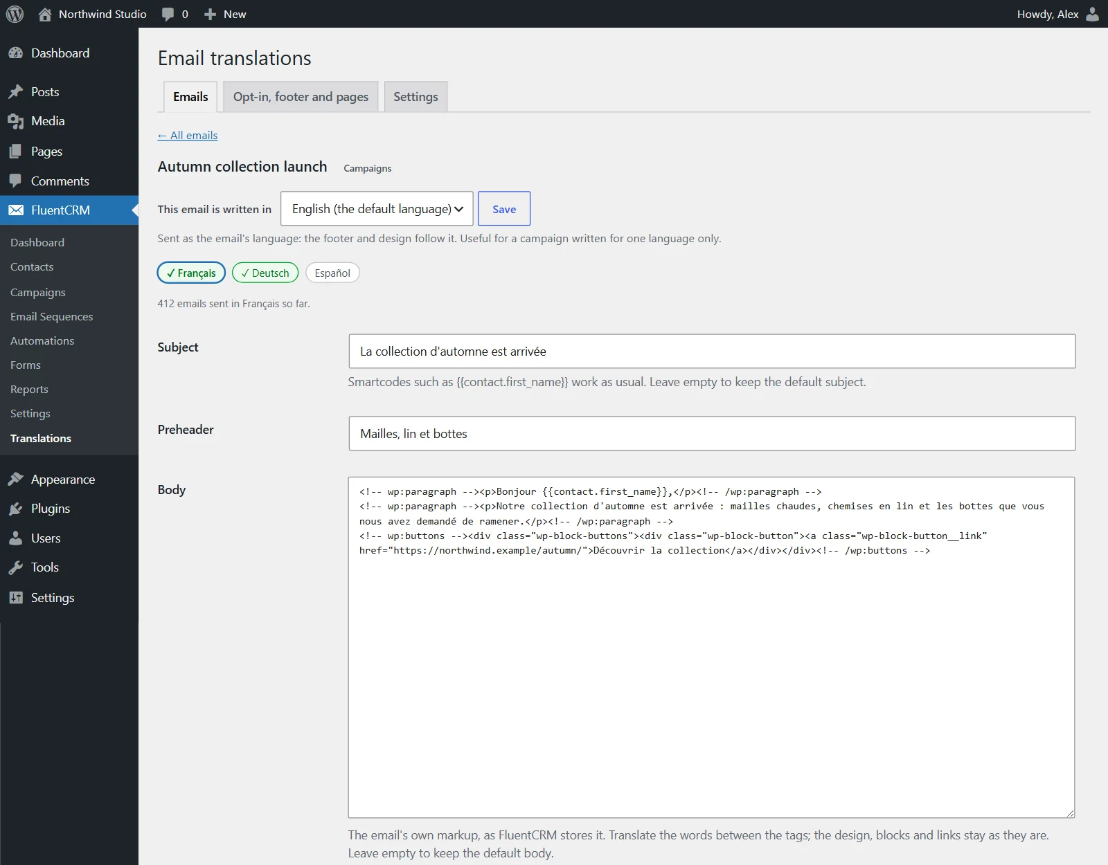 Translating a FluentCRM campaign into French: subject, preheader and body